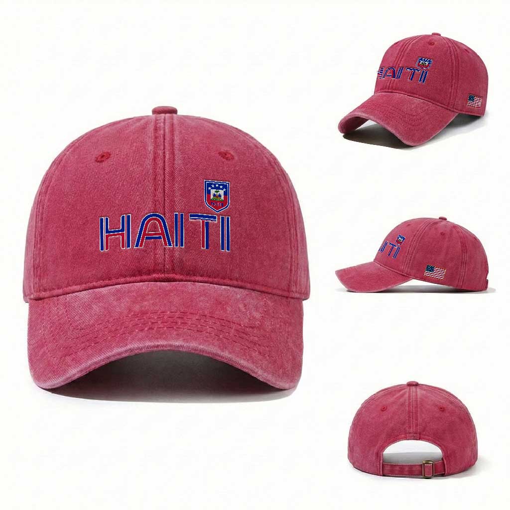 Haiti Flag Crest Washed Cotton Baseball Cap Haitian Pride National Heritage Patriotic Graphic