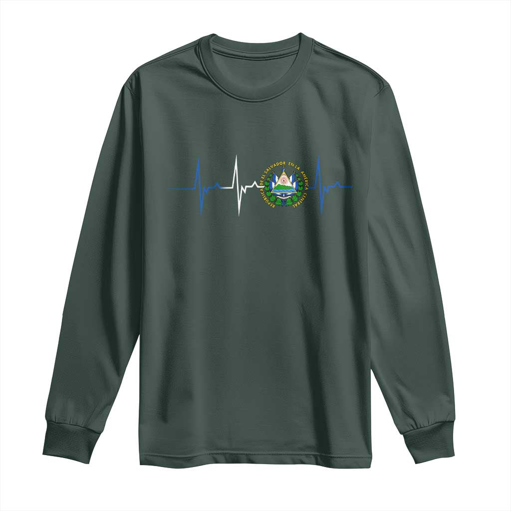 El Salvador Long Sleeve Shirt Vintage Salvadoran Flag Heartbeat Independence Day TS10 Dark Forest Green Print Your Wear