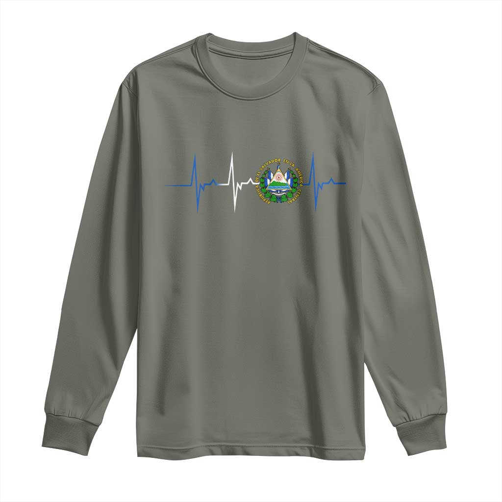 El Salvador Long Sleeve Shirt Vintage Salvadoran Flag Heartbeat Independence Day TS10 Military Green Print Your Wear
