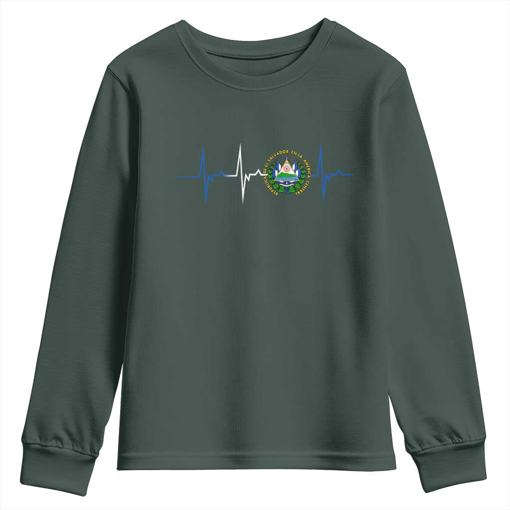 El Salvador Youth Sweatshirt Vintage Salvadoran Flag Heartbeat Independence Day TS10 Dark Forest Green Print Your Wear