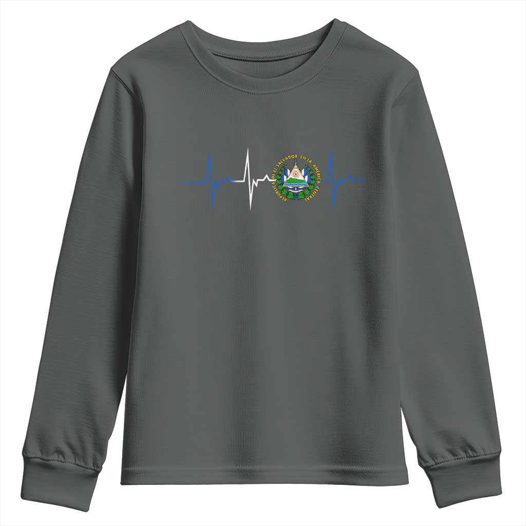 El Salvador Youth Sweatshirt Vintage Salvadoran Flag Heartbeat Independence Day TS10 Dark Heather Print Your Wear