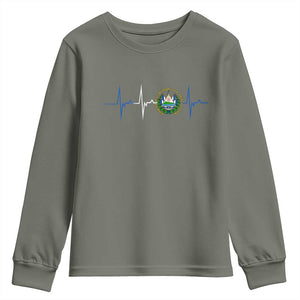 El Salvador Youth Sweatshirt Vintage Salvadoran Flag Heartbeat Independence Day TS10 Military Green Print Your Wear