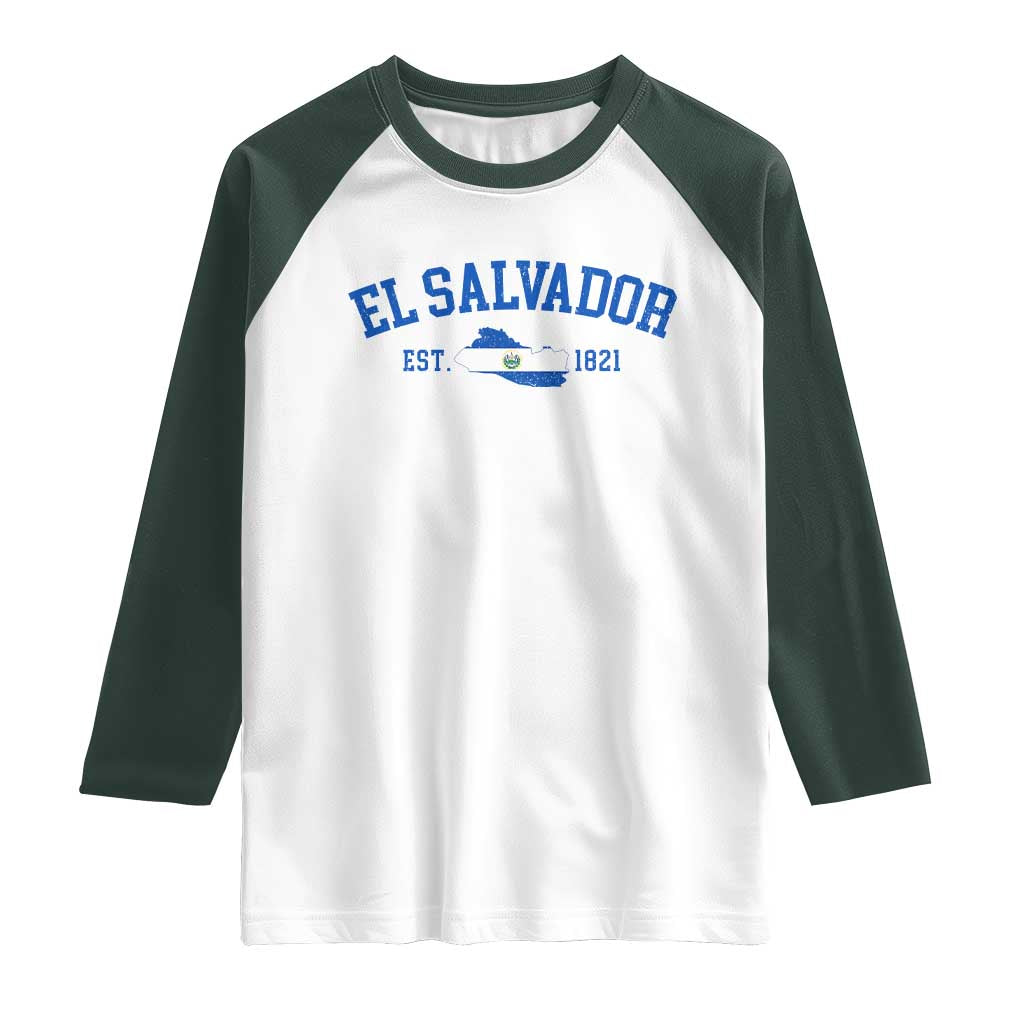 Vintage El Salvador Map Raglan Shirt Salvadoran Independence Day Jersey Letters TS10 White Dark Forest Green Print Your Wear