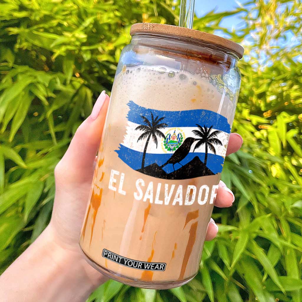 El Salvador Flag Glass Can Salvadoran Pride Torogoz Bird Palm Tree Volcano TS10 Black Print Your Wear