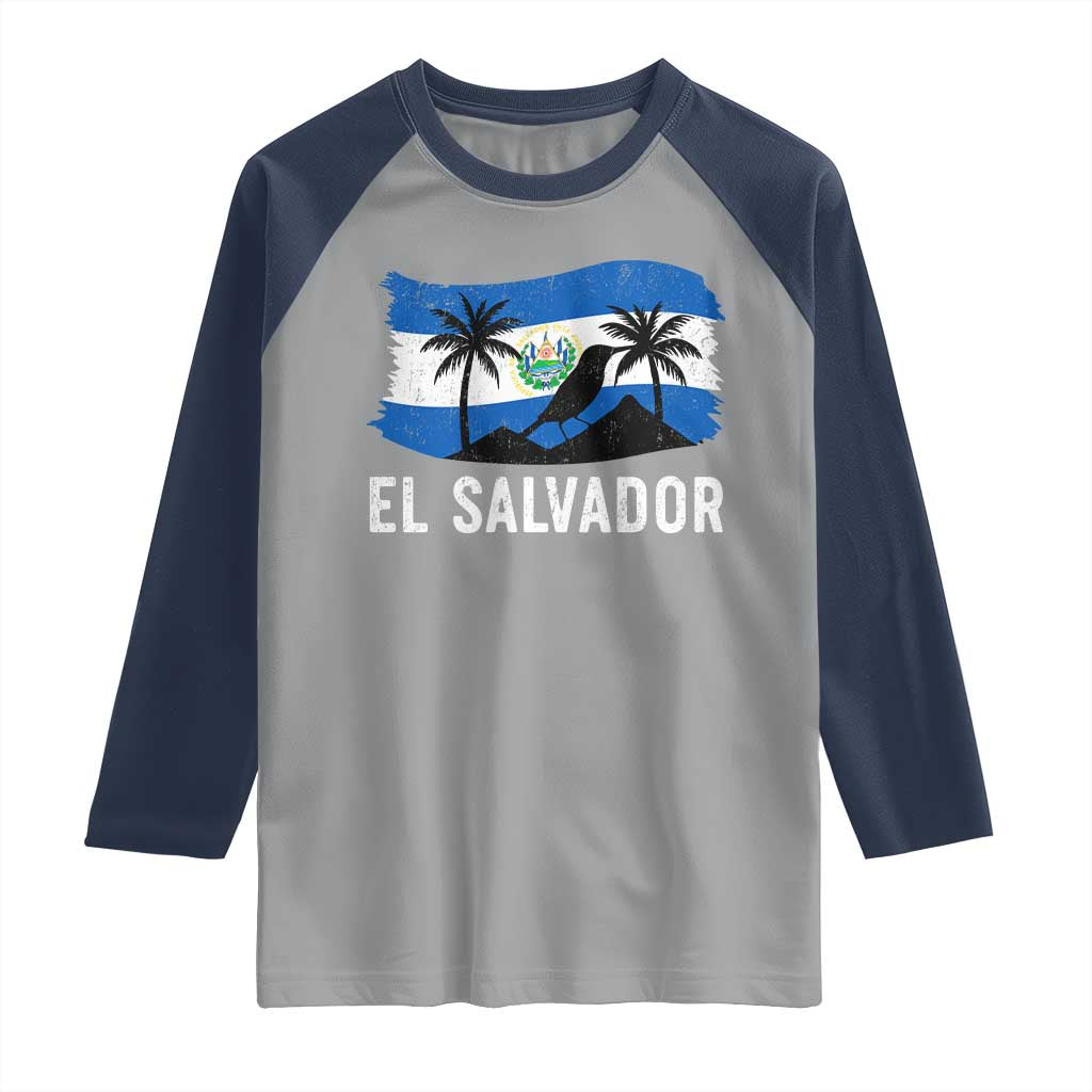 El Salvador Flag Raglan Shirt Salvadoran Pride Torogoz Bird Palm Tree Volcano TS10 Sport Gray Navy Print Your Wear