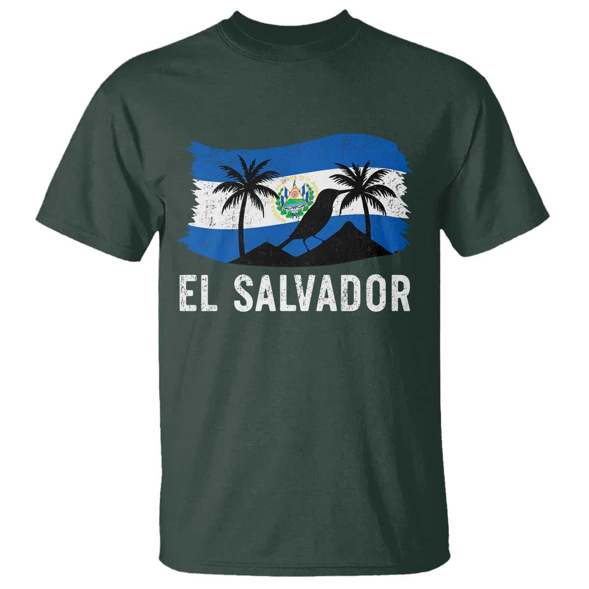El Salvador Flag T Shirt Salvadoran Pride Torogoz Bird Palm Tree Volcano TS10 Dark Forest Green Print Your Wear
