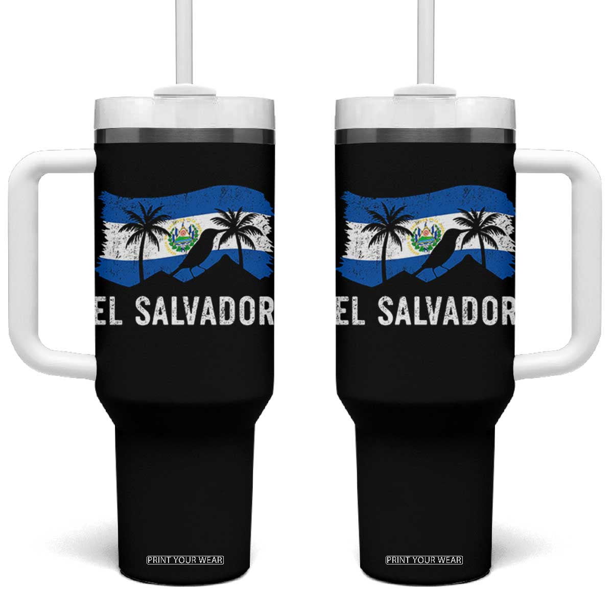 El Salvador Flag Tumbler With Handle Salvadoran Pride Torogoz Bird Palm Tree Volcano TS10 One Size: 40 oz Black Print Your Wear
