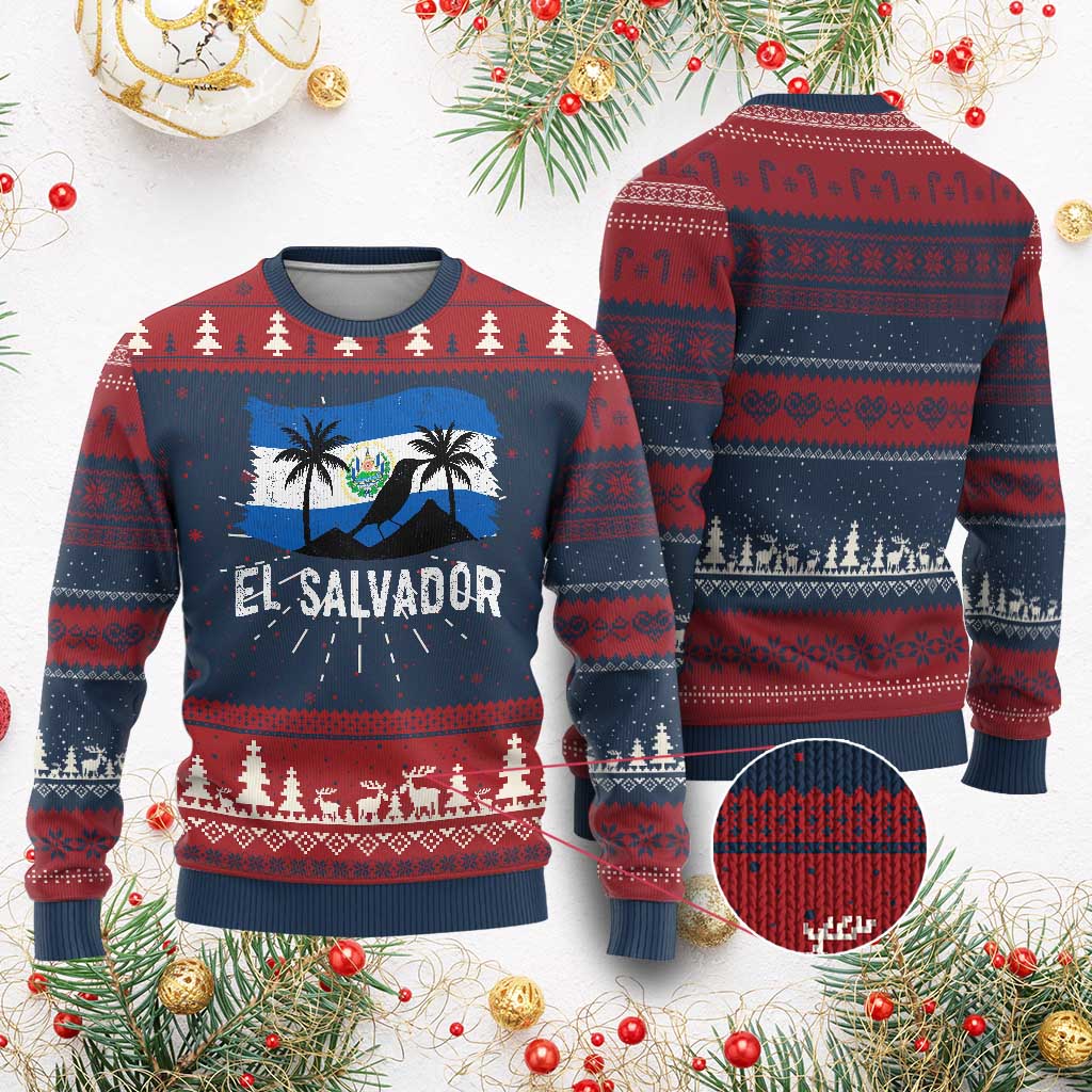 El Salvador Flag Knit Sweatshirt Salvadoran Pride Torogoz Bird Palm Tree Volcano TS10 Burgundy Print Your Wear
