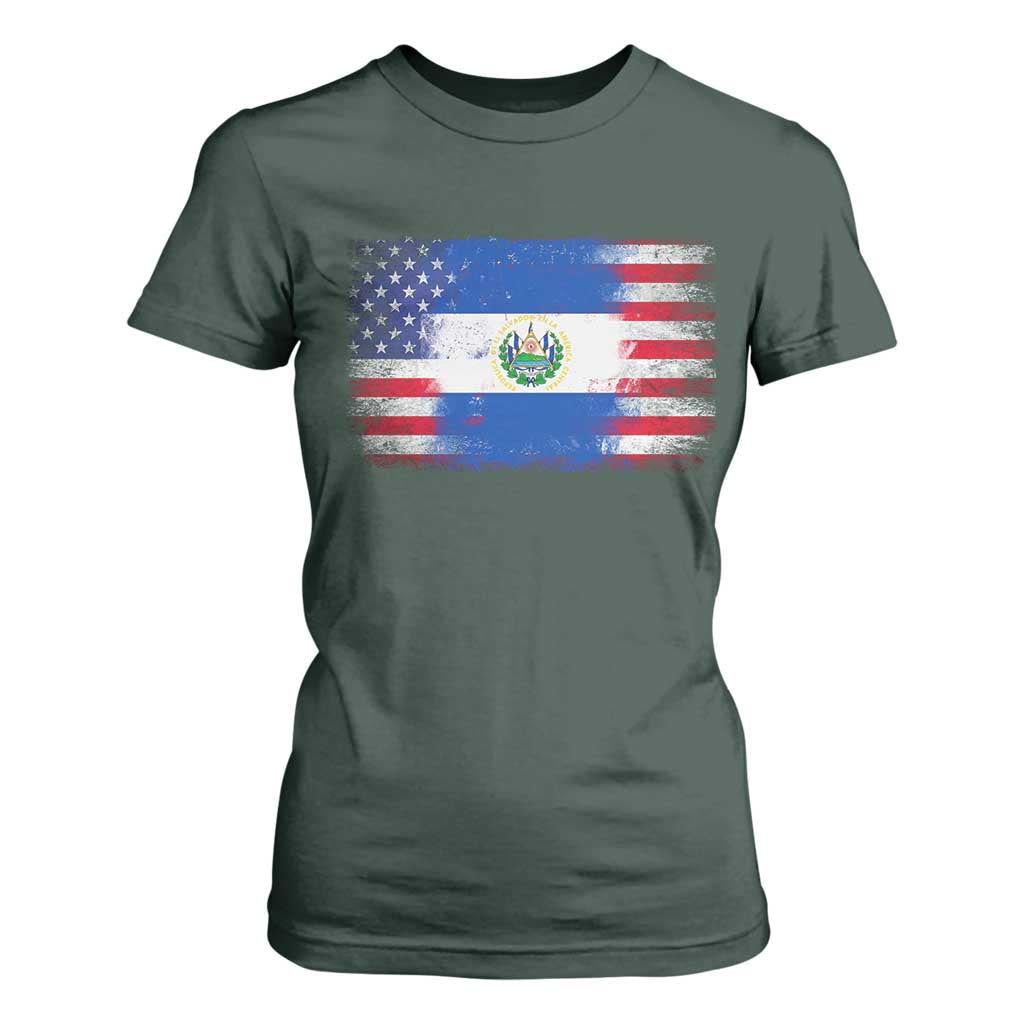 El Salvador American Flag T Shirt For Women Distressed Grunge USA Salvadoran Pride TS10 Dark Forest Green Print Your Wear