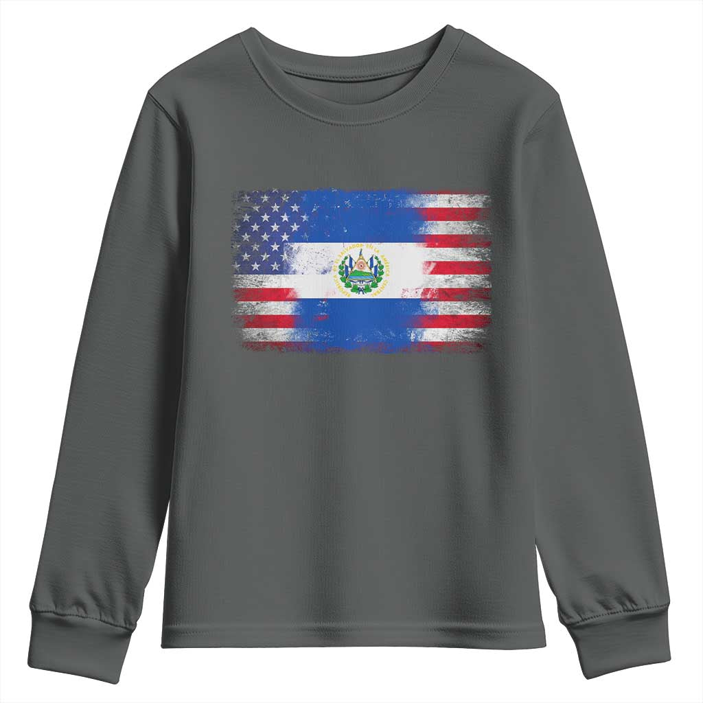 El Salvador American Flag Youth Sweatshirt Distressed Grunge USA Salvadoran Pride TS10 Dark Heather Print Your Wear