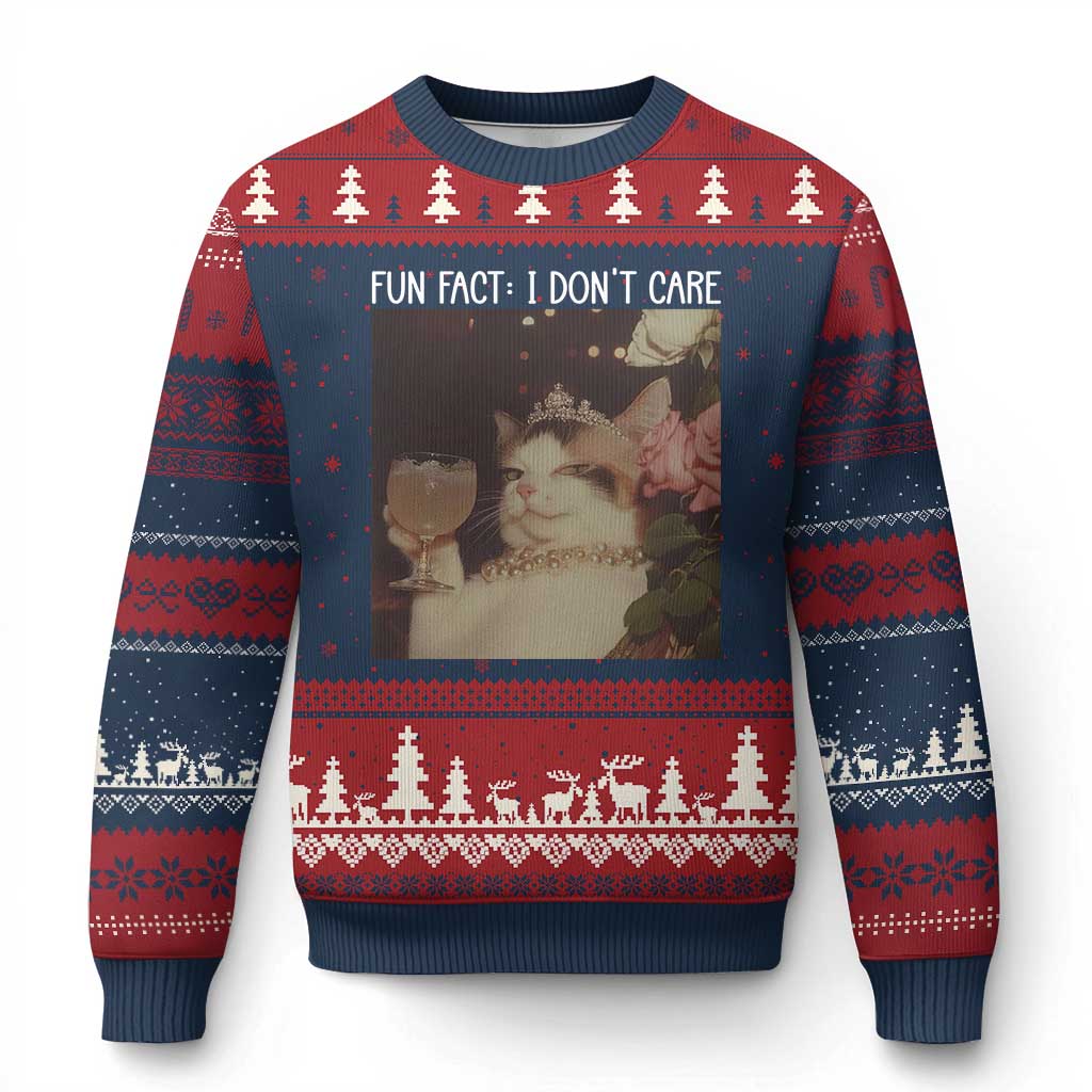 Cat Meme Ugly Christmas Sweater Fun Fact I Dont Care Funny Saying Quote TS10 Navy Red Print Your Wear