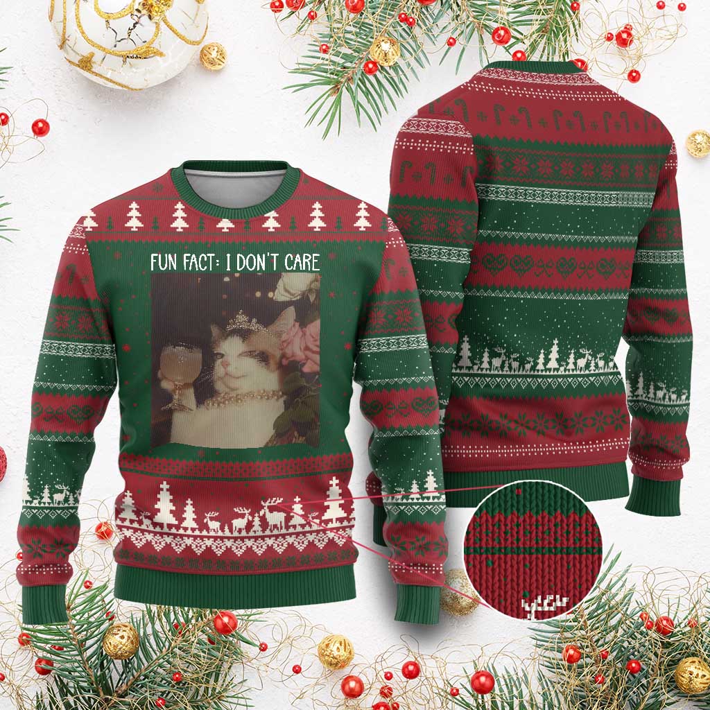 Cat Meme Ugly Christmas Sweater Fun Fact I Dont Care Funny Saying Quote TS10 Red Green Print Your Wear