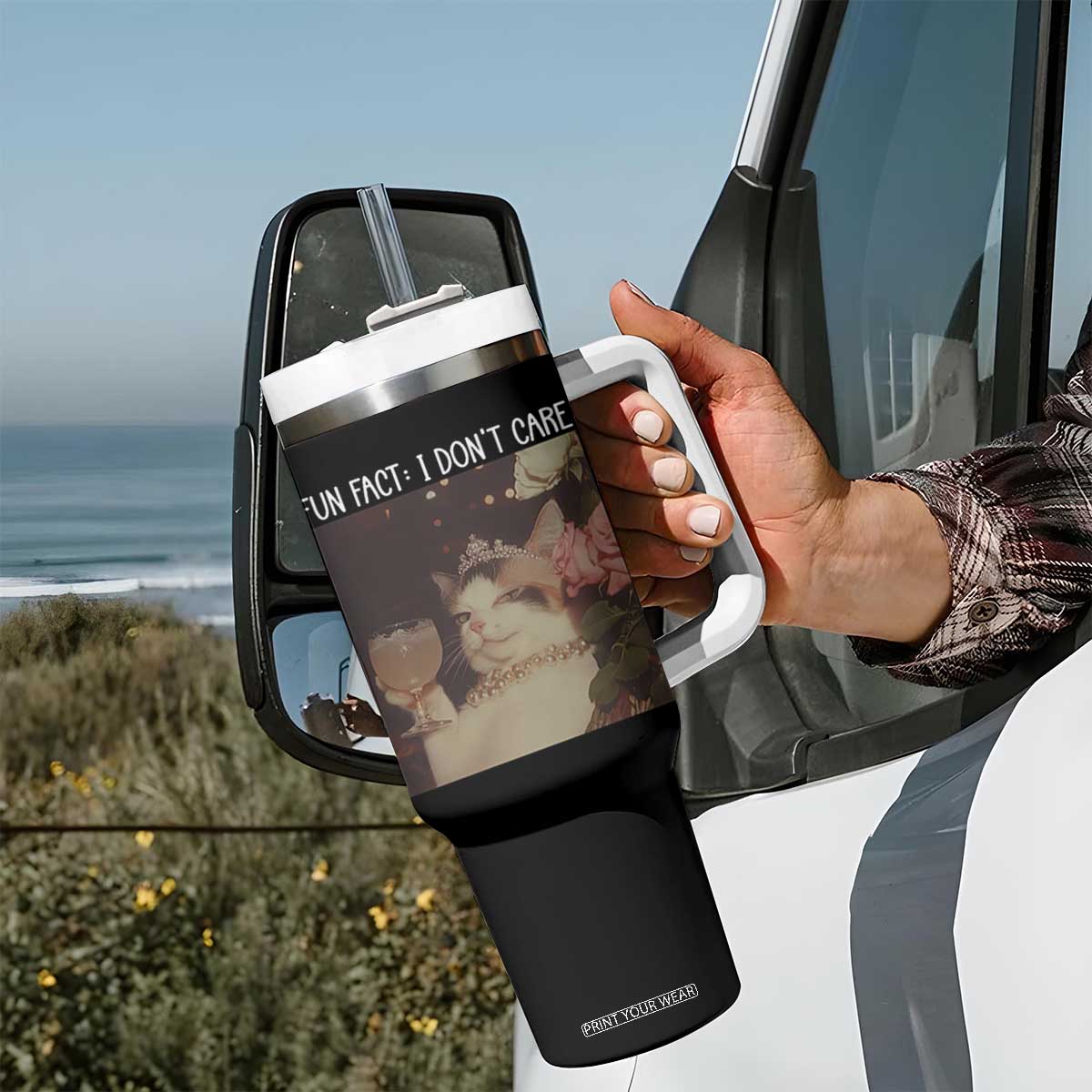 Cat Meme Tumbler With Handle Fun Fact I Dont Care Funny Saying Quote TS10 Print Your Wear
