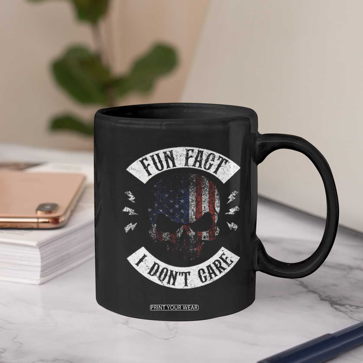Fun Fact I Dont Care Coffee Mug Retro US Flag Skull Skeleton Funny Saying Quote TS10 Print Your Wear