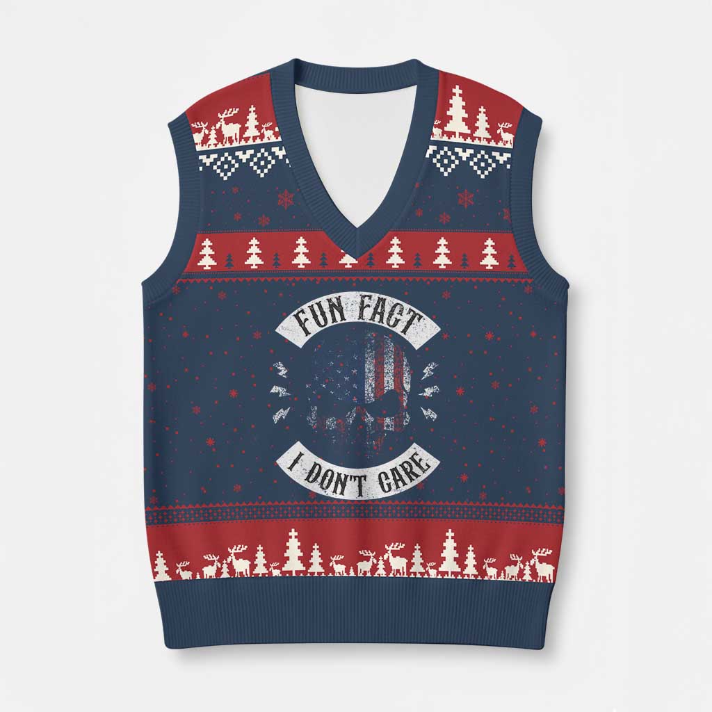 Fun Fact I Dont Care V-Neck Knit Sweater Vest Retro US Flag Skull Skeleton Funny Saying Quote TS10 Navy Red Print Your Wear