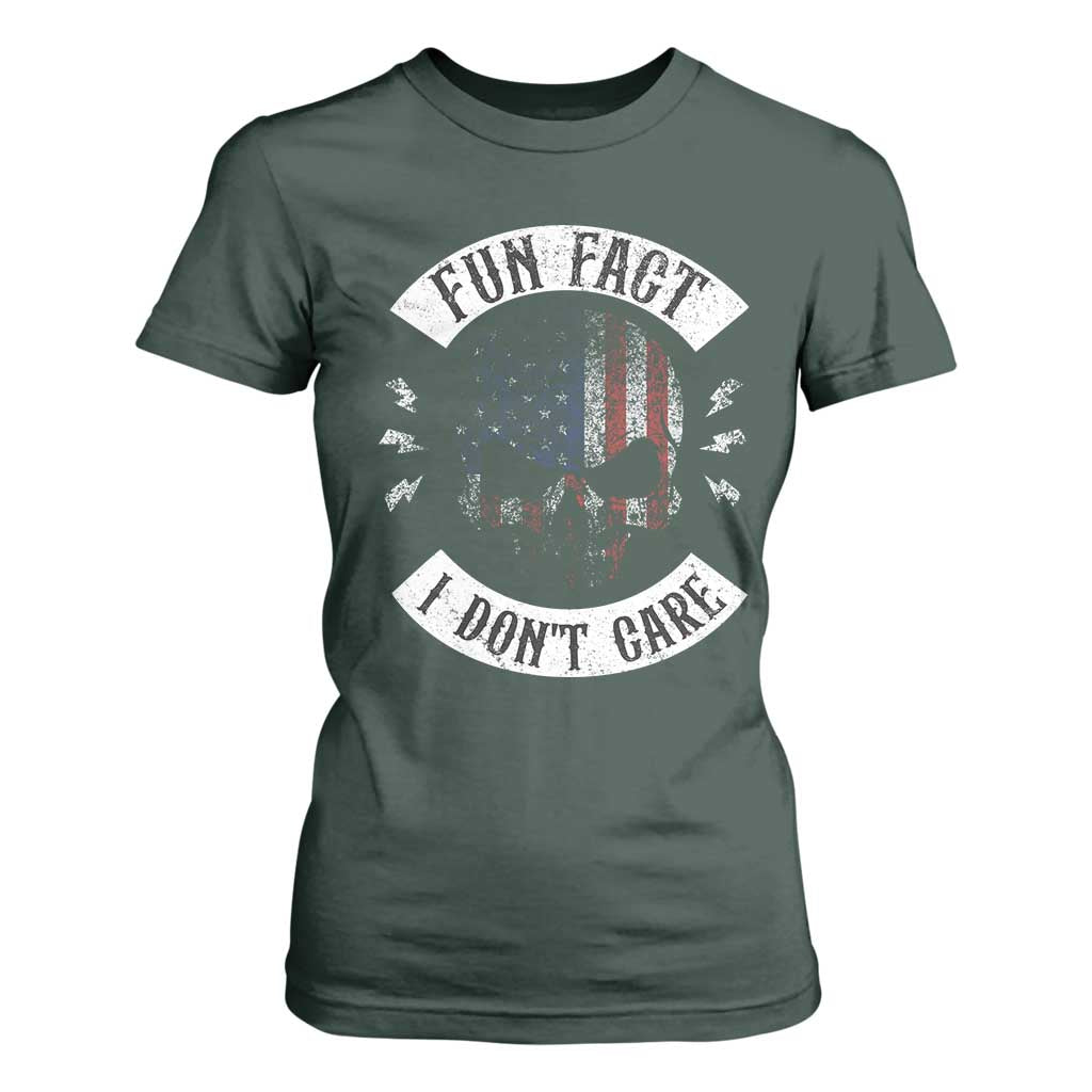 Fun Fact I Dont Care T Shirt For Women Retro US Flag Skull Skeleton Funny Saying Quote TS10 Dark Forest Green Print Your Wear