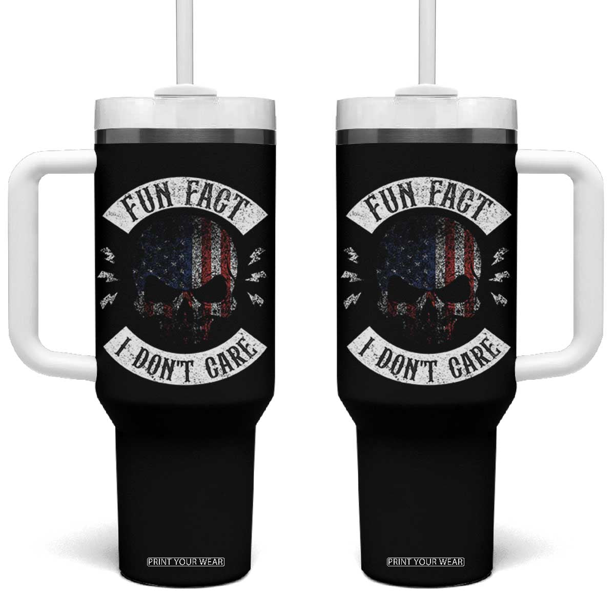 Fun Fact I Dont Care Tumbler With Handle Retro US Flag Skull Skeleton Funny Saying Quote TS10 One Size: 40 oz Black Print Your Wear