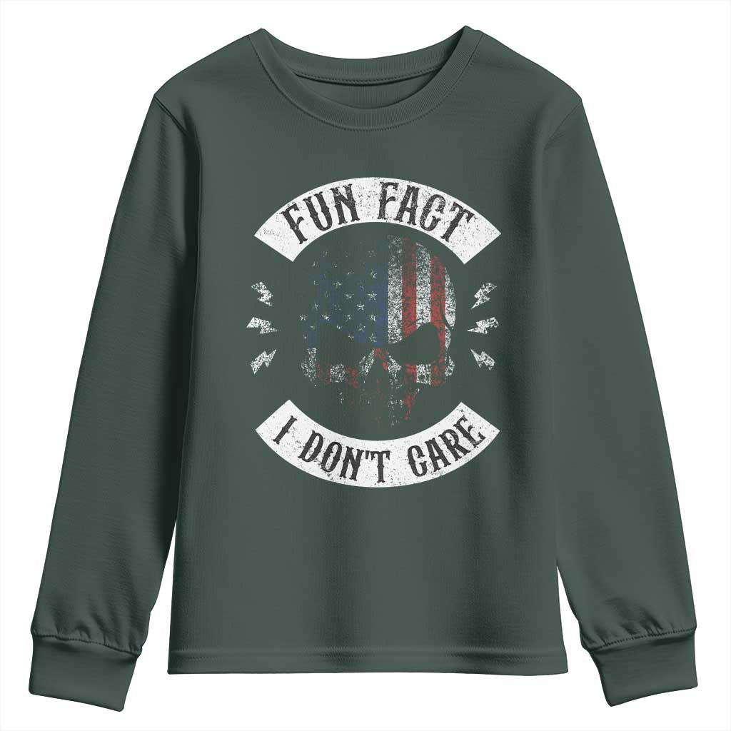 Fun Fact I Dont Care Youth Sweatshirt Retro US Flag Skull Skeleton Funny Saying Quote TS10 Dark Forest Green Print Your Wear