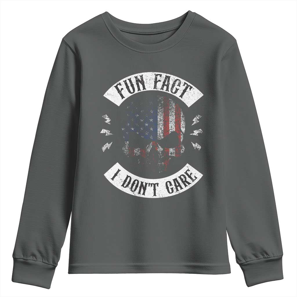 Fun Fact I Dont Care Youth Sweatshirt Retro US Flag Skull Skeleton Funny Saying Quote TS10 Dark Heather Print Your Wear