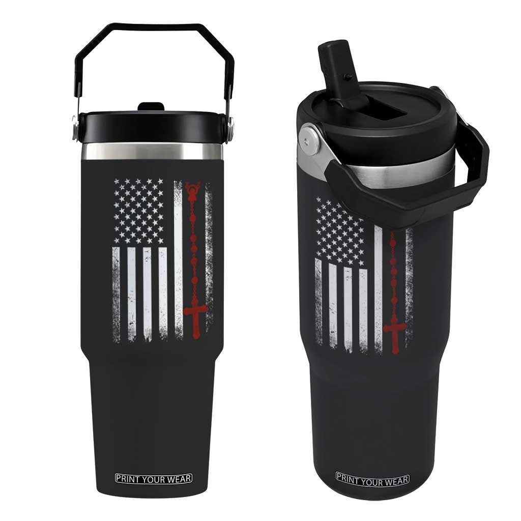 American Flag Rosary Catholic Cross Flip Straw Tumbler TS10 One Size: 30 oz Black Print Your Wear