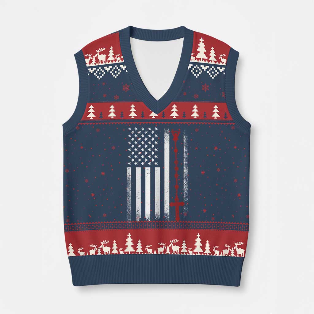American Flag Rosary Catholic Cross V-Neck Knit Sweater Vest TS10 Navy Red Print Your Wear