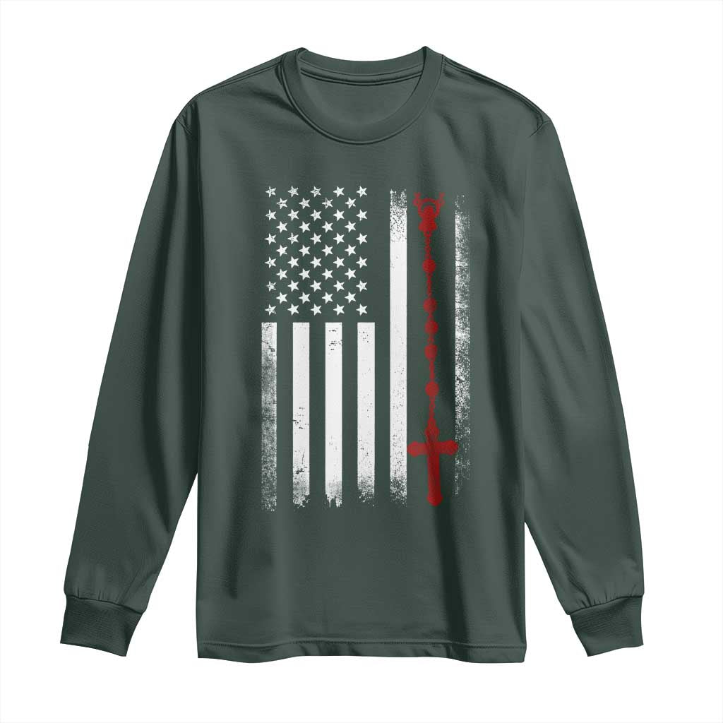 American Flag Rosary Catholic Cross Long Sleeve Shirt