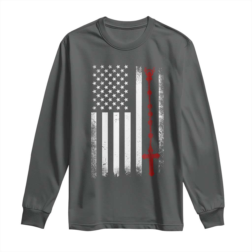 American Flag Rosary Catholic Cross Long Sleeve Shirt
