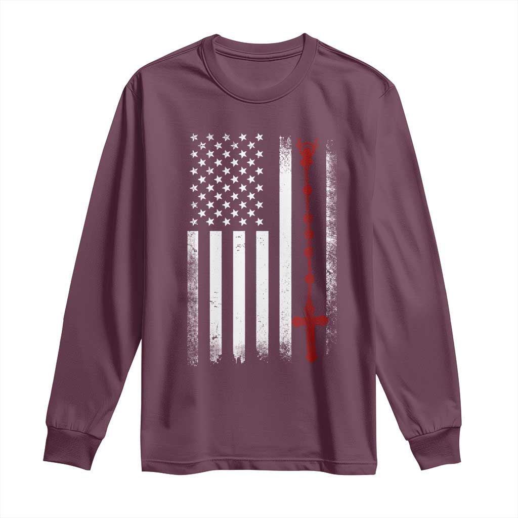 American Flag Rosary Catholic Cross Long Sleeve Shirt