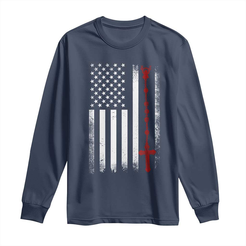 American Flag Rosary Catholic Cross Long Sleeve Shirt