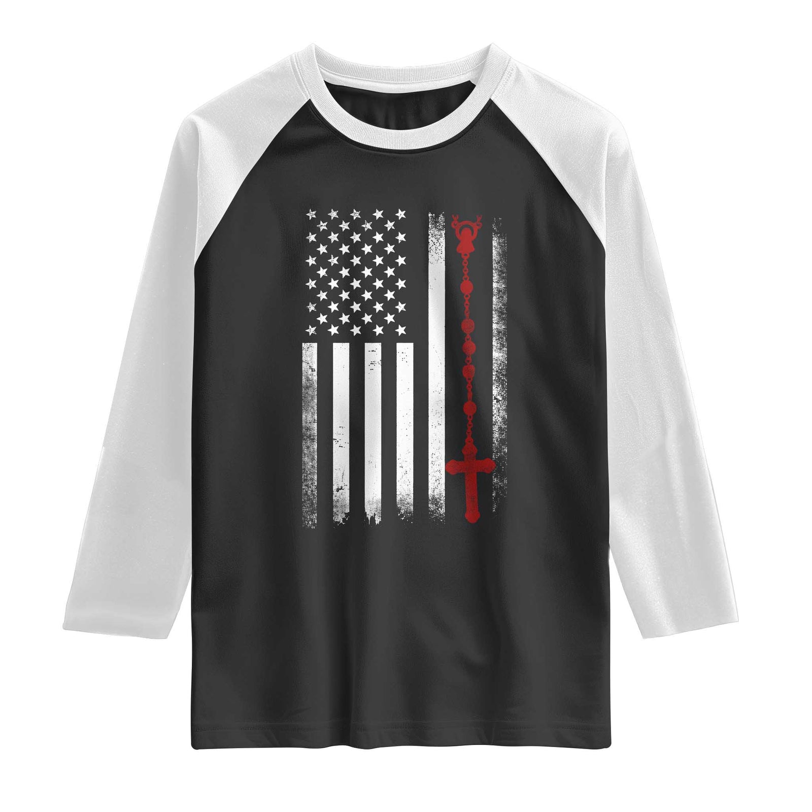 American Flag Rosary Catholic Cross Raglan Shirt TS10 Black White Print Your Wear