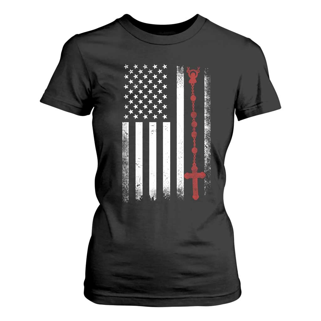American Flag Rosary Catholic Cross T Shirt For Women TS10 Black Print Your Wear
