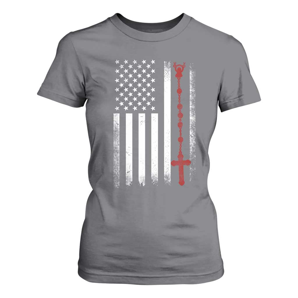 American Flag Rosary Catholic Cross T Shirt For Women