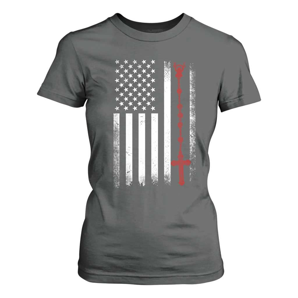 American Flag Rosary Catholic Cross T Shirt For Women