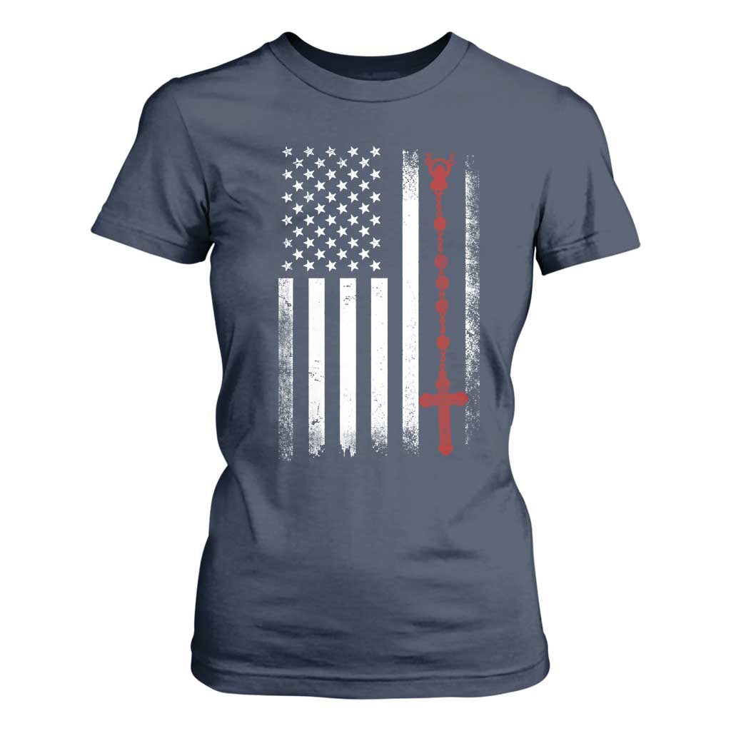 American Flag Rosary Catholic Cross T Shirt For Women