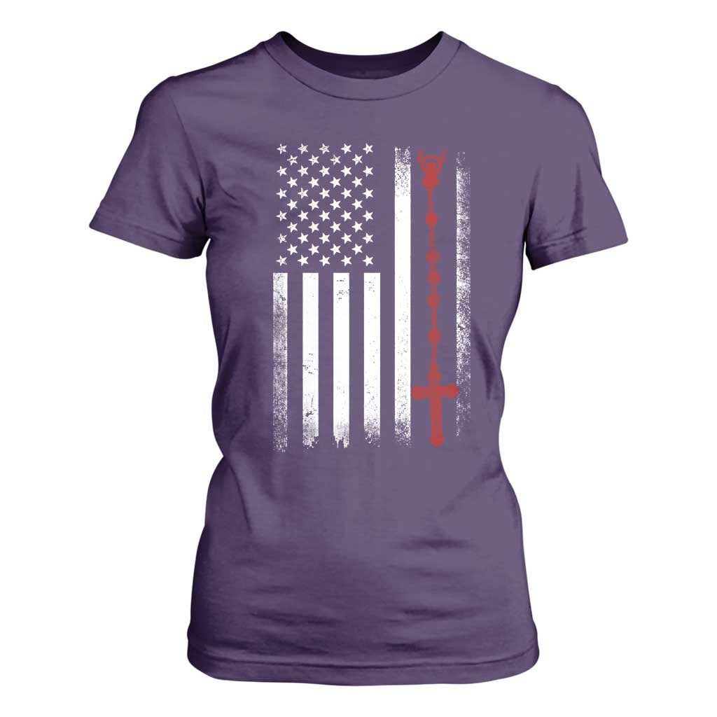 American Flag Rosary Catholic Cross T Shirt For Women