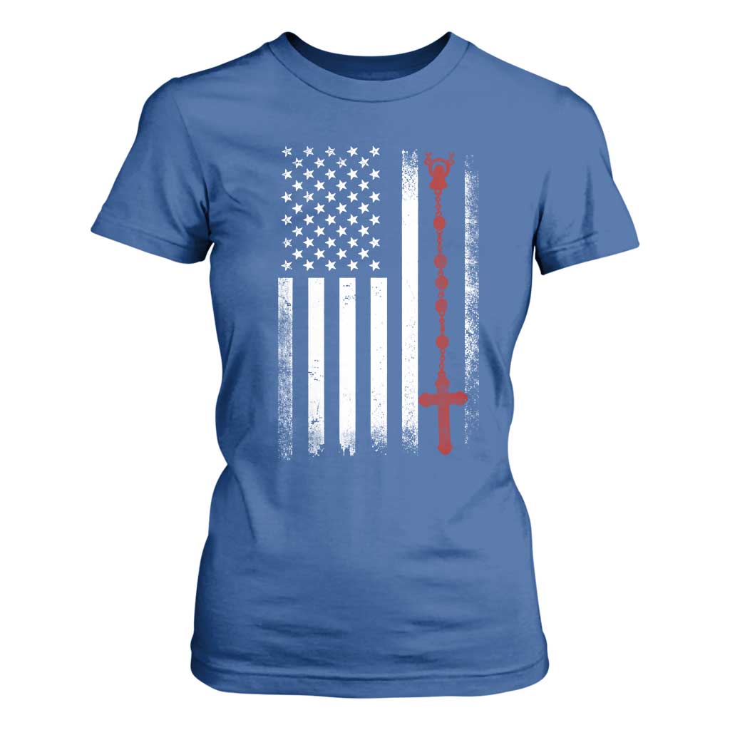 American Flag Rosary Catholic Cross T Shirt For Women
