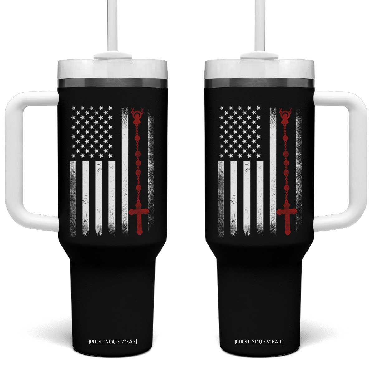American Flag Rosary Catholic Cross Tumbler With Handle TS10 One Size: 40 oz Black Print Your Wear