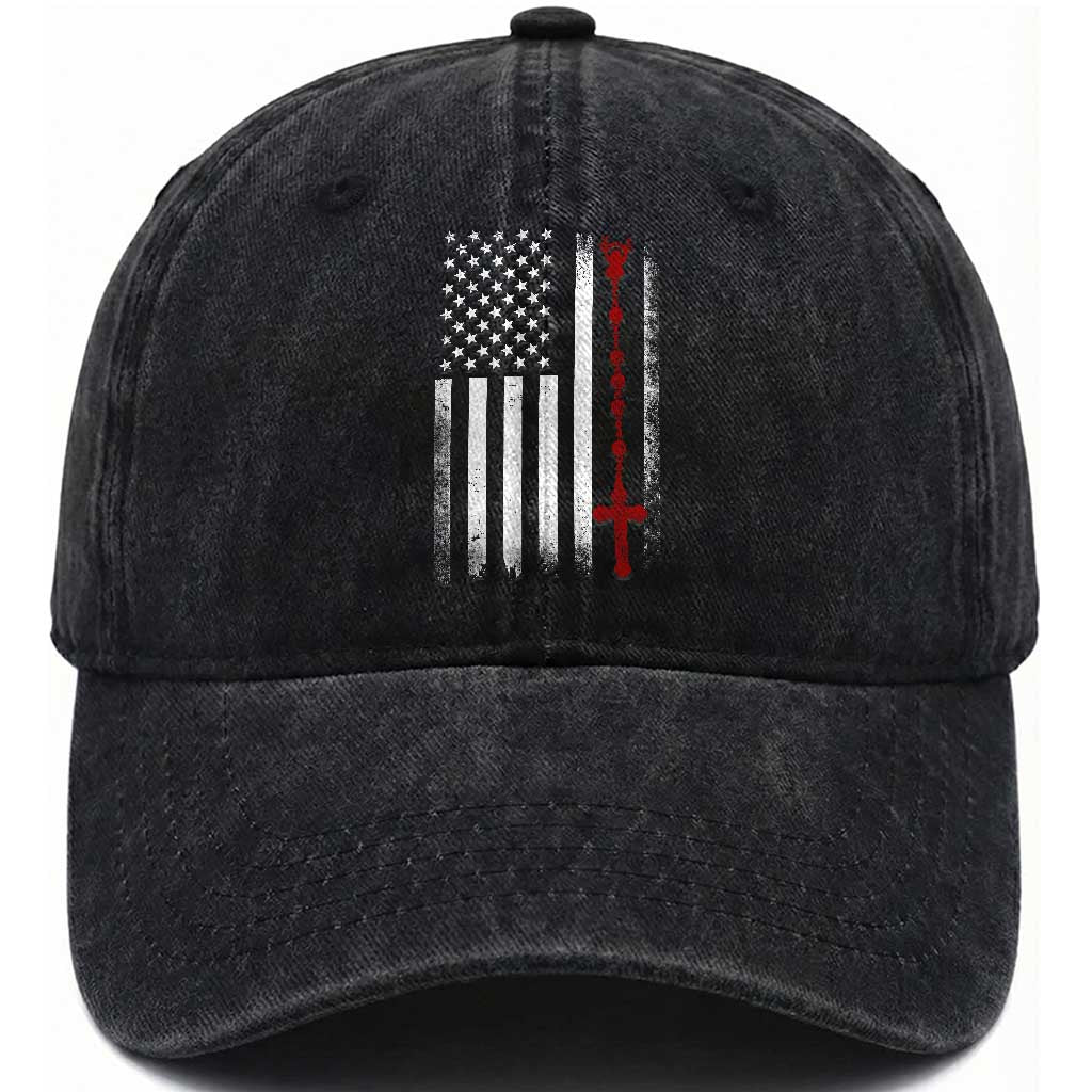 American Flag Rosary Catholic Cross Washed Cotton Baseball Cap TS10 Print Your Wear