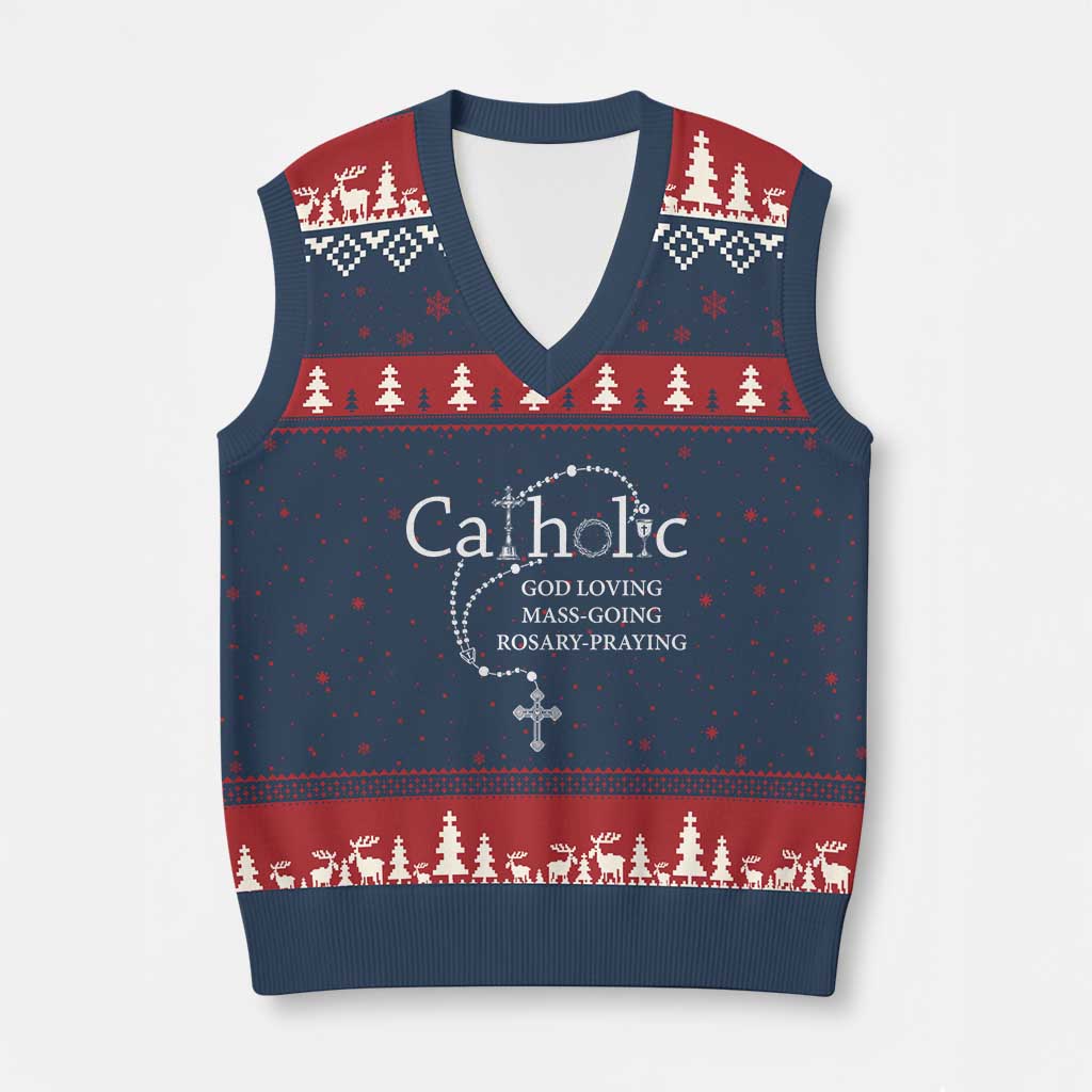 Catholic God Loving Mass Going Rosary Praying Faith V-Neck Knit Sweater Vest Jesus Eucharist Christianity TS10 Navy Red Print Your Wear