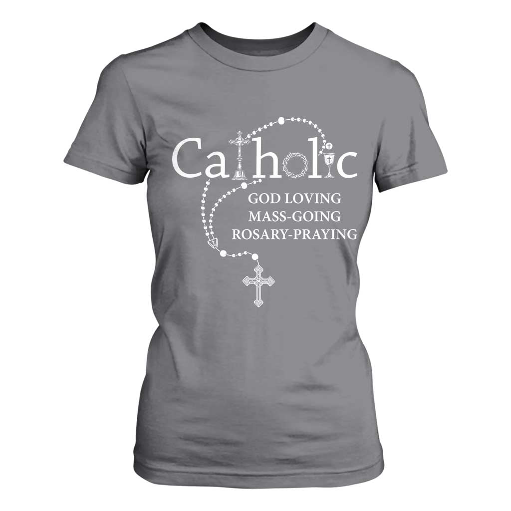 Catholic God Loving Mass Going Rosary Praying Faith T Shirt For Women Jesus Eucharist Christianity