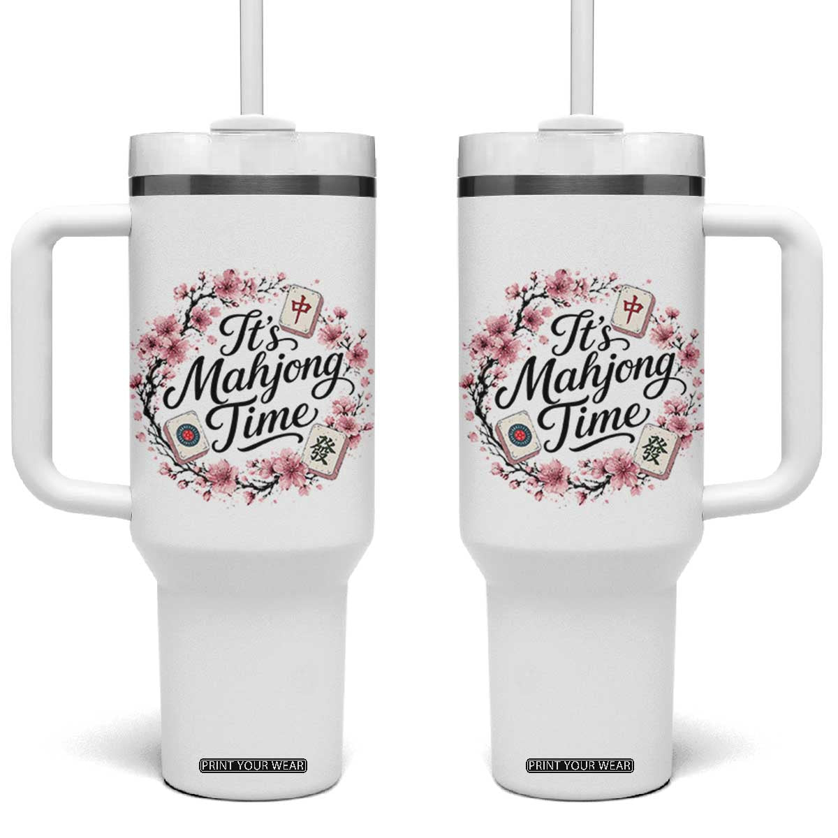 Mahjong Tumbler With Handle Floral Mah Jongg TS10 One Size: 40 oz White Print Your Wear