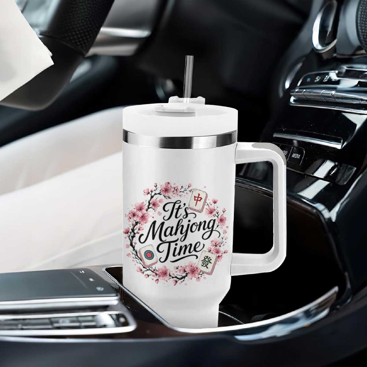 Mahjong Tumbler With Handle Floral Mah Jongg