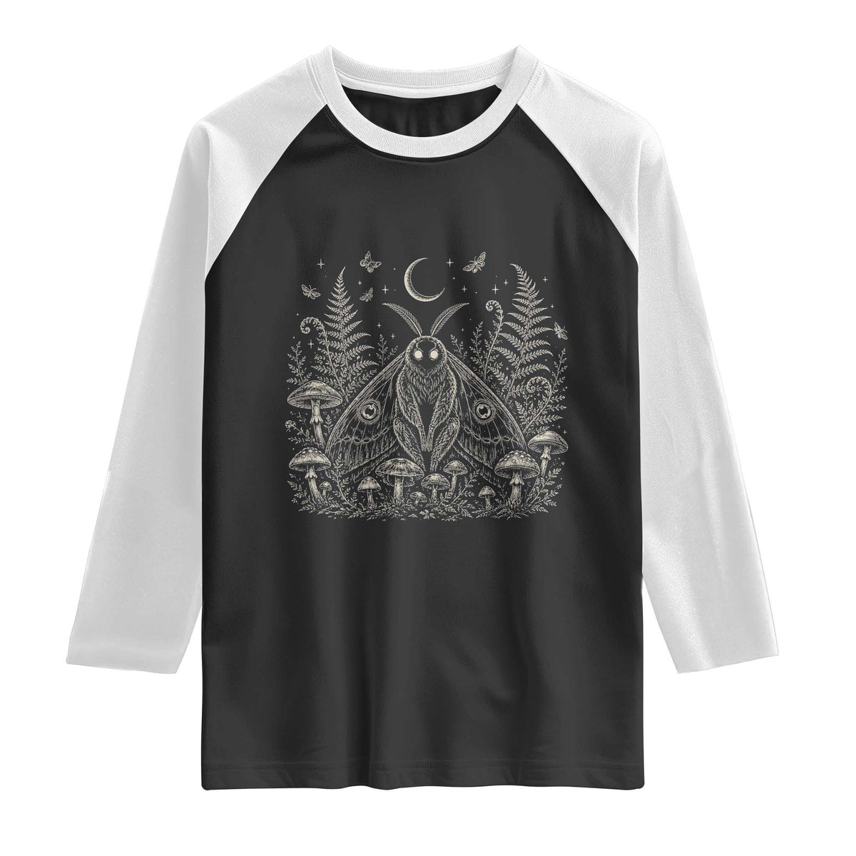 Mothman Raglan Shirt Vintage Cryptid Graphic Gothic Forest Moth Mushroom Folklore Gift