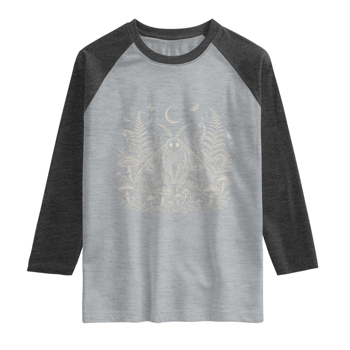 Mothman Raglan Shirt Vintage Cryptid Graphic Gothic Forest Moth Mushroom Folklore Gift