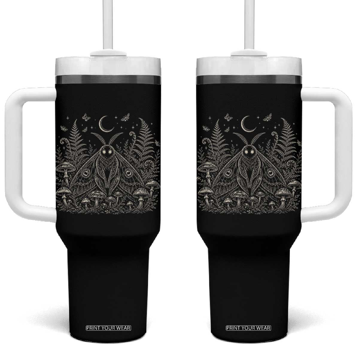 Mothman Tumbler With Handle Vintage Cryptid Graphic Gothic Forest Moth Mushroom Folklore Gift