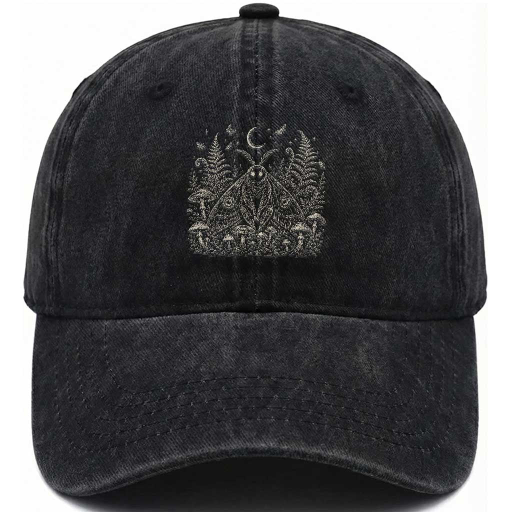 Mothman Washed Cotton Baseball Cap Vintage Cryptid Graphic Gothic Forest Moth Mushroom Folklore Gift TS10 Print Your Wear