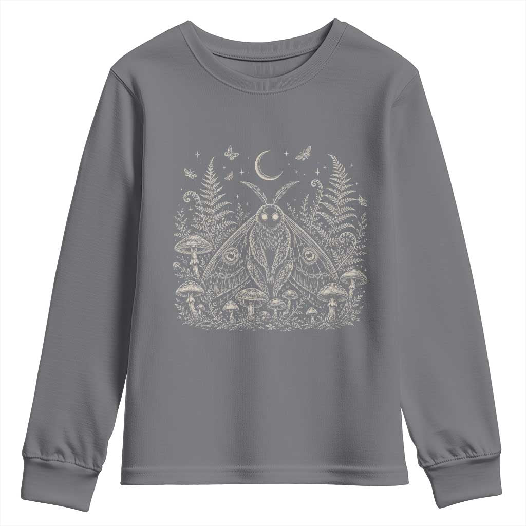 Mothman Youth Sweatshirt Vintage Cryptid Graphic Gothic Forest Moth Mushroom Folklore Gift