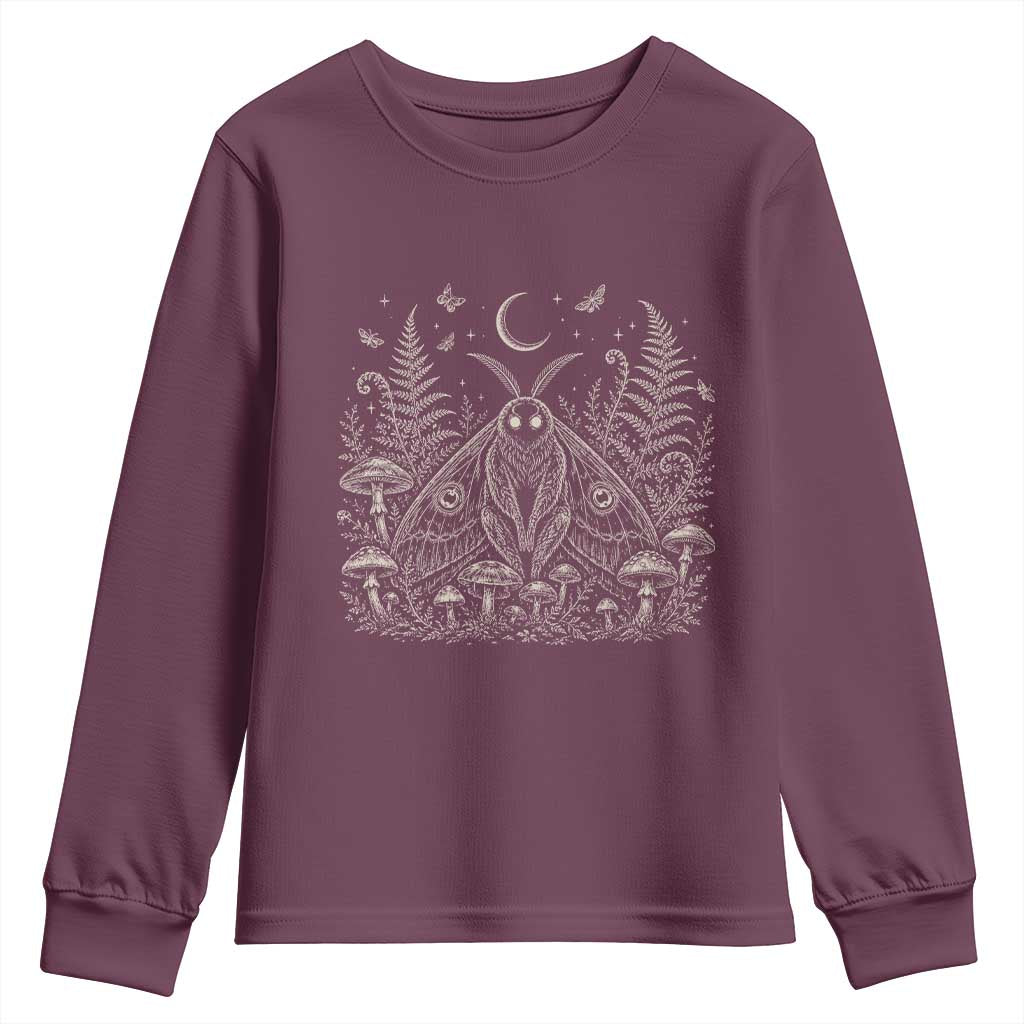 Mothman Youth Sweatshirt Vintage Cryptid Graphic Gothic Forest Moth Mushroom Folklore Gift