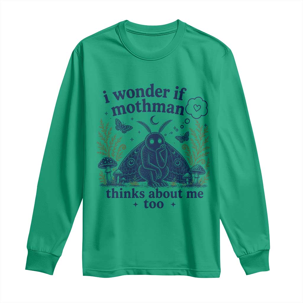 Funny Mothman Long Sleeve Shirt I Wonder If Mothman Thinks About Me Too Cryptid Weirdcore
