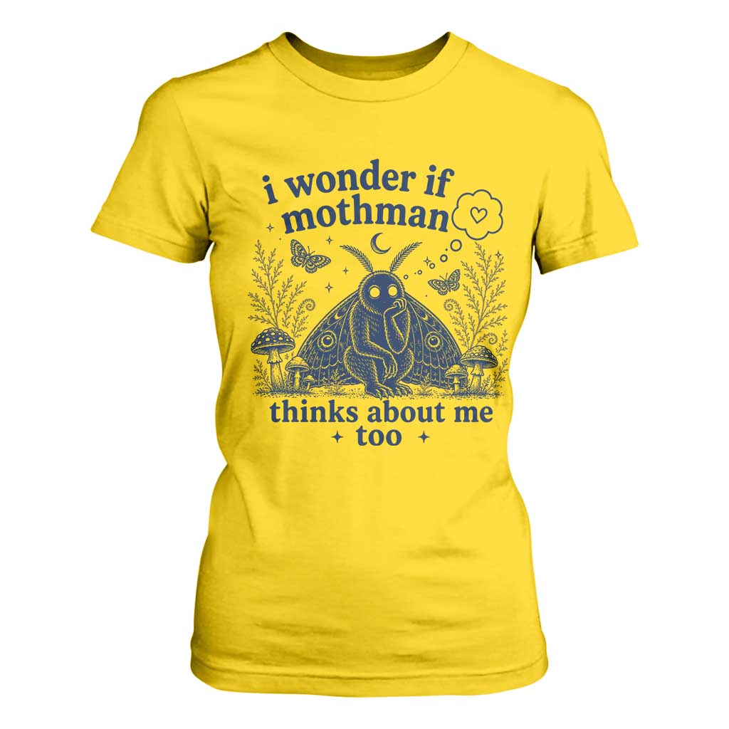 Funny Mothman T Shirt For Women I Wonder If Mothman Thinks About Me Too Cryptid Weirdcore